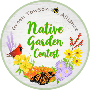 picture of a white wood sign that says Native Garden Contest in green script, surrounded by flowers, a monarch butterfly, a bee and a red cardinal